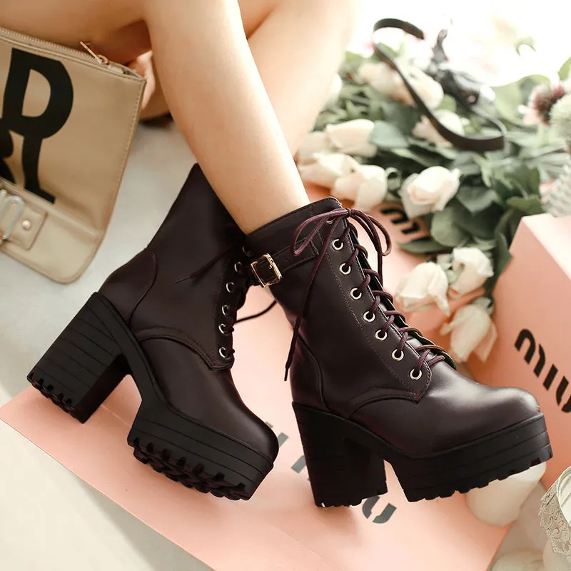 Women platform boots chunky high heel short crisscross lace up boots