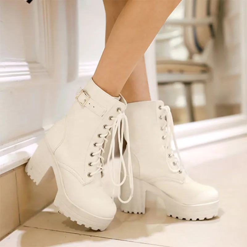 Women platform boots chunky high heel short crisscross lace up boots