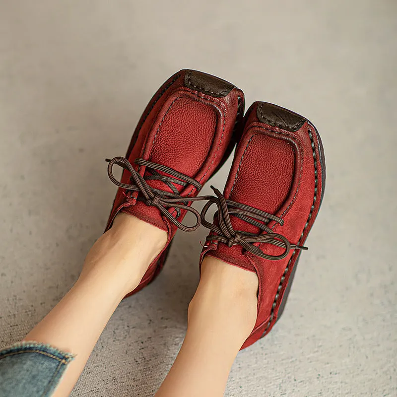 Women Retro Genuine Leather Wedge Loafers with Non-Slip Sole