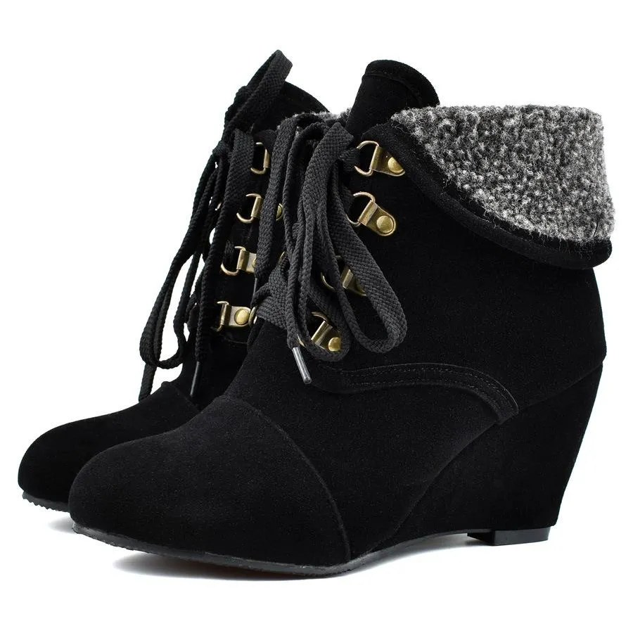 Women winter wedge lace up turn edge ankle boots