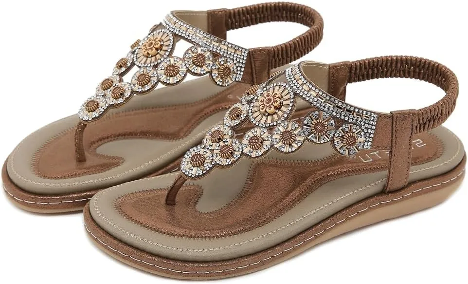 Women's Bohemian Rhinestone T-strap Flat Sandals Summer Comfy Flipflops Embellished Beach Thong Sandal
