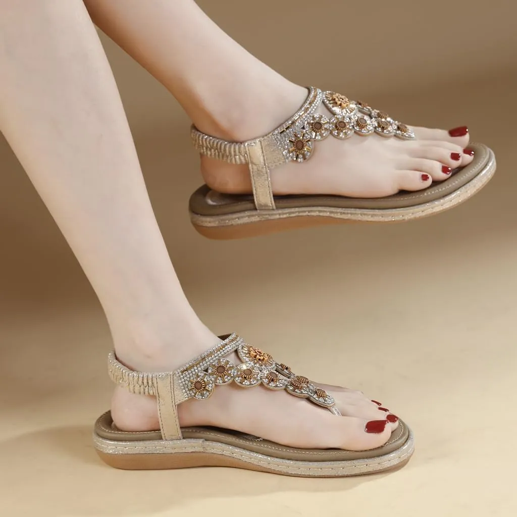 Women's Bohemian Rhinestone T-strap Flat Sandals Summer Comfy Flipflops Embellished Beach Thong Sandal