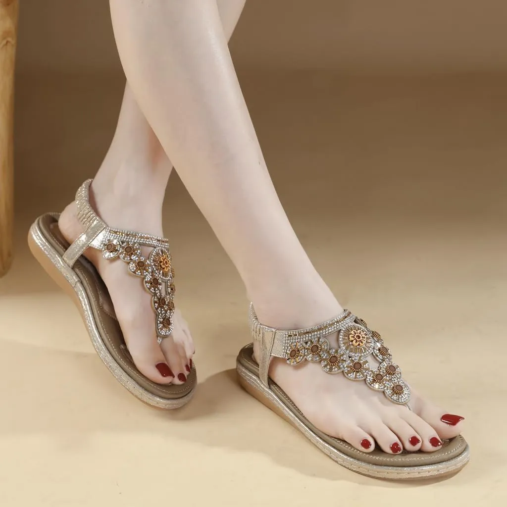 Women's Bohemian Rhinestone T-strap Flat Sandals Summer Comfy Flipflops Embellished Beach Thong Sandal