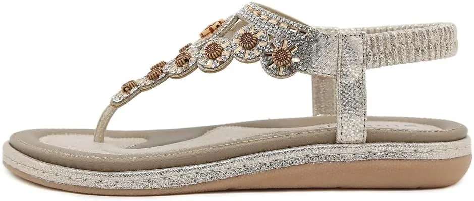 Women's Bohemian Rhinestone T-strap Flat Sandals Summer Comfy Flipflops Embellished Beach Thong Sandal