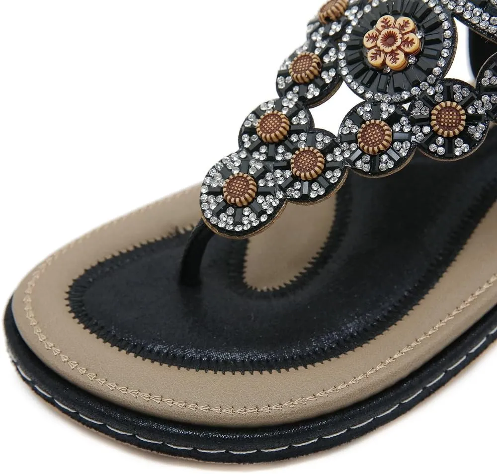 Women's Bohemian Rhinestone T-strap Flat Sandals Summer Comfy Flipflops Embellished Beach Thong Sandal