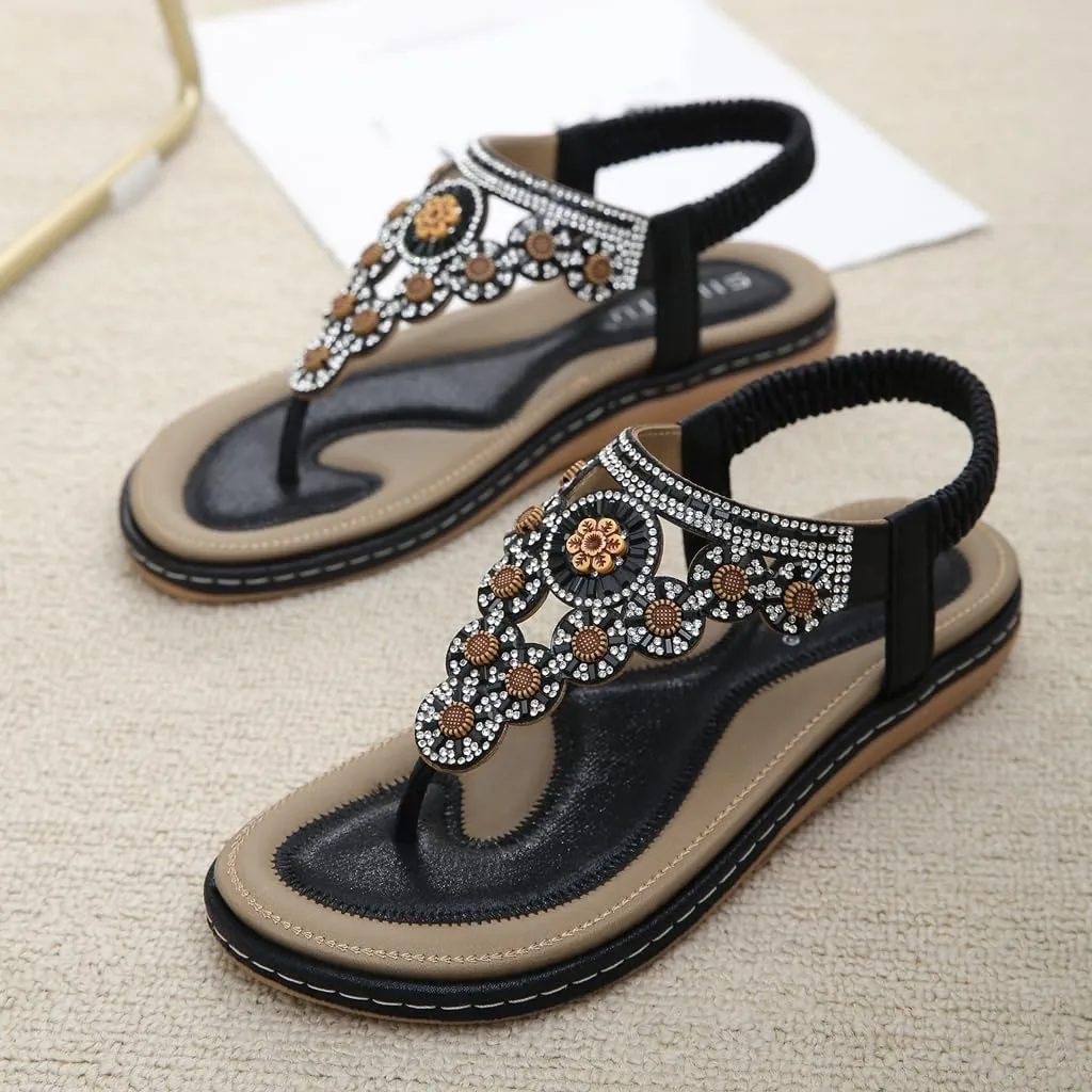Women's Bohemian Rhinestone T-strap Flat Sandals Summer Comfy Flipflops Embellished Beach Thong Sandal