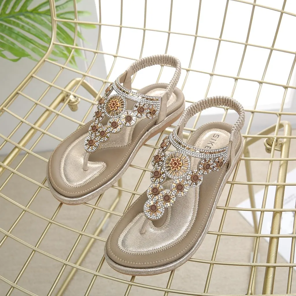 Women's Bohemian Rhinestone T-strap Flat Sandals Summer Comfy Flipflops Embellished Beach Thong Sandal