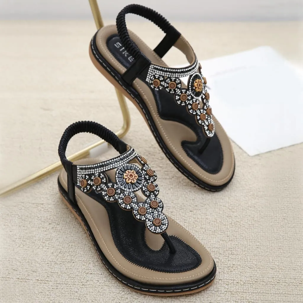 Women's Bohemian Rhinestone T-strap Flat Sandals Summer Comfy Flipflops Embellished Beach Thong Sandal