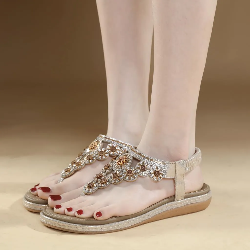 Women's Bohemian Rhinestone T-strap Flat Sandals Summer Comfy Flipflops Embellished Beach Thong Sandal