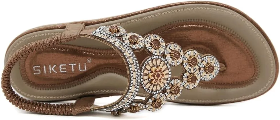 Women's Bohemian Rhinestone T-strap Flat Sandals Summer Comfy Flipflops Embellished Beach Thong Sandal