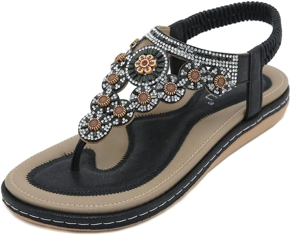 Women's Bohemian Rhinestone T-strap Flat Sandals Summer Comfy Flipflops Embellished Beach Thong Sandal