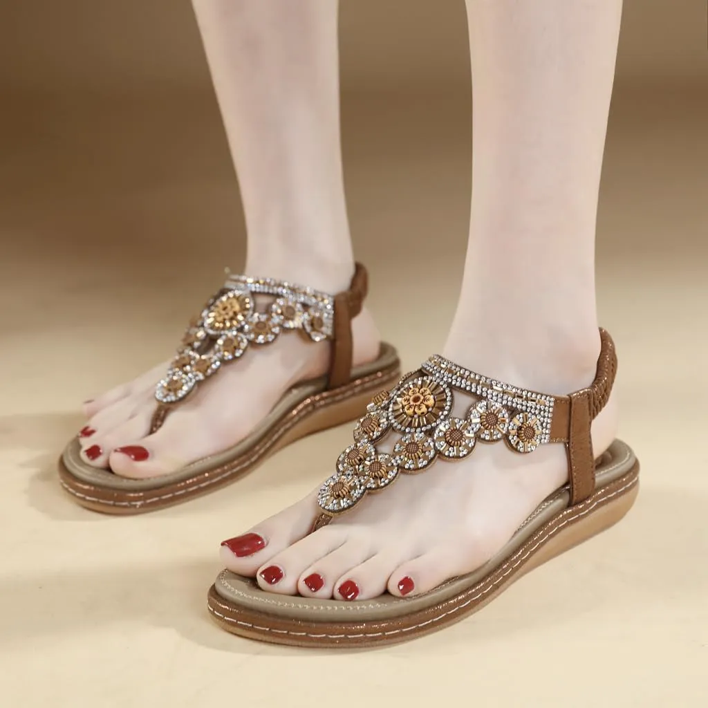 Women's Bohemian Rhinestone T-strap Flat Sandals Summer Comfy Flipflops Embellished Beach Thong Sandal