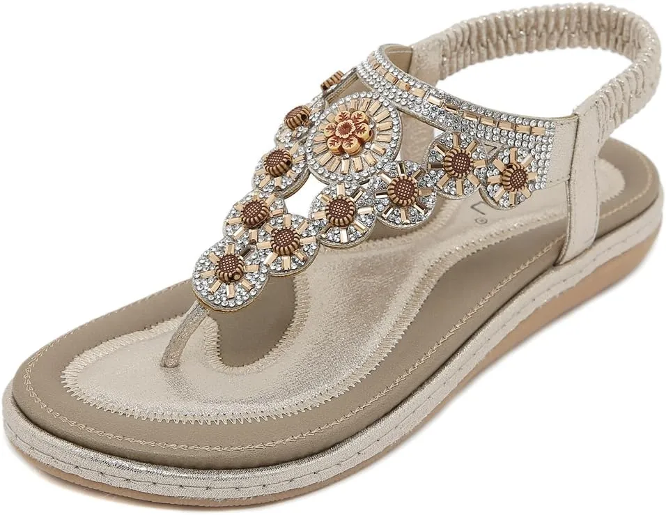 Women's Bohemian Rhinestone T-strap Flat Sandals Summer Comfy Flipflops Embellished Beach Thong Sandal