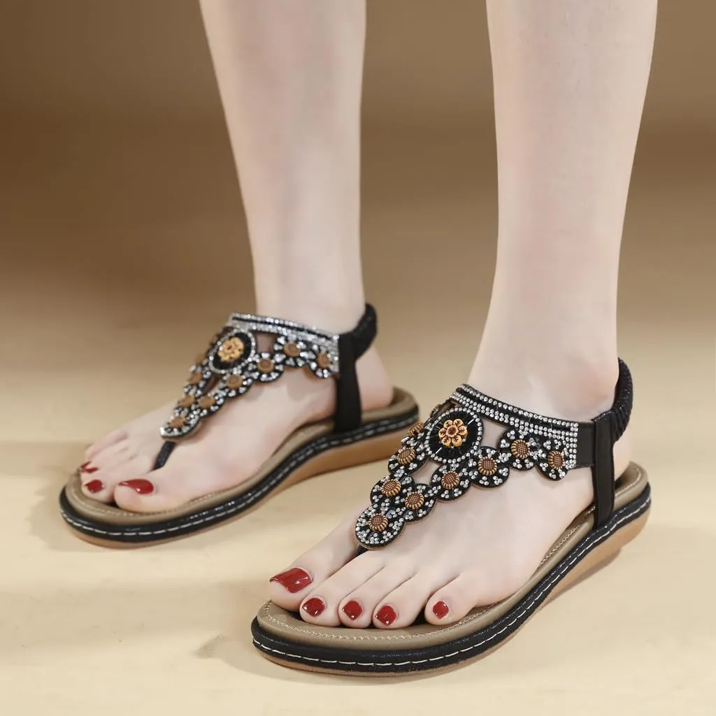 Women's Bohemian Rhinestone T-strap Flat Sandals Summer Comfy Flipflops Embellished Beach Thong Sandal