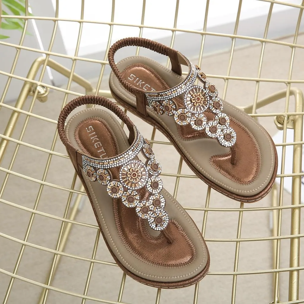 Women's Bohemian Rhinestone T-strap Flat Sandals Summer Comfy Flipflops Embellished Beach Thong Sandal