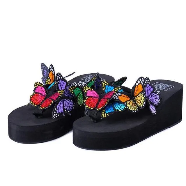 Women's butterfly platform wedge flip flops