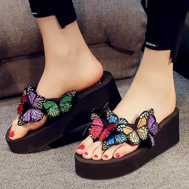 Women's butterfly platform wedge flip flops