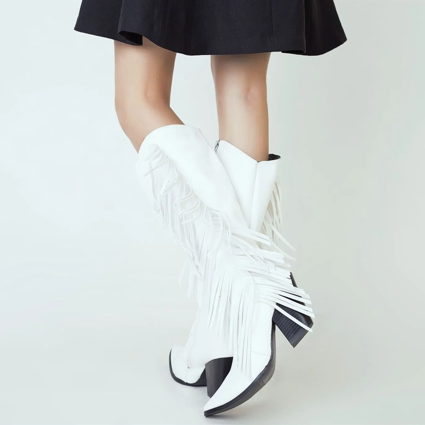 Women's fashion tassels mid calf boots pointed toe fringe boots