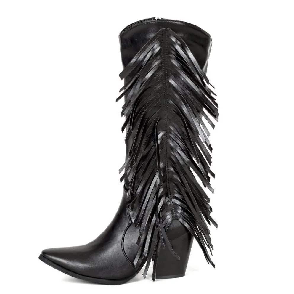 Women's fashion tassels mid calf boots pointed toe fringe boots