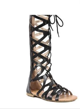 Women's flat knee high criss cross strappy gladiator sandals