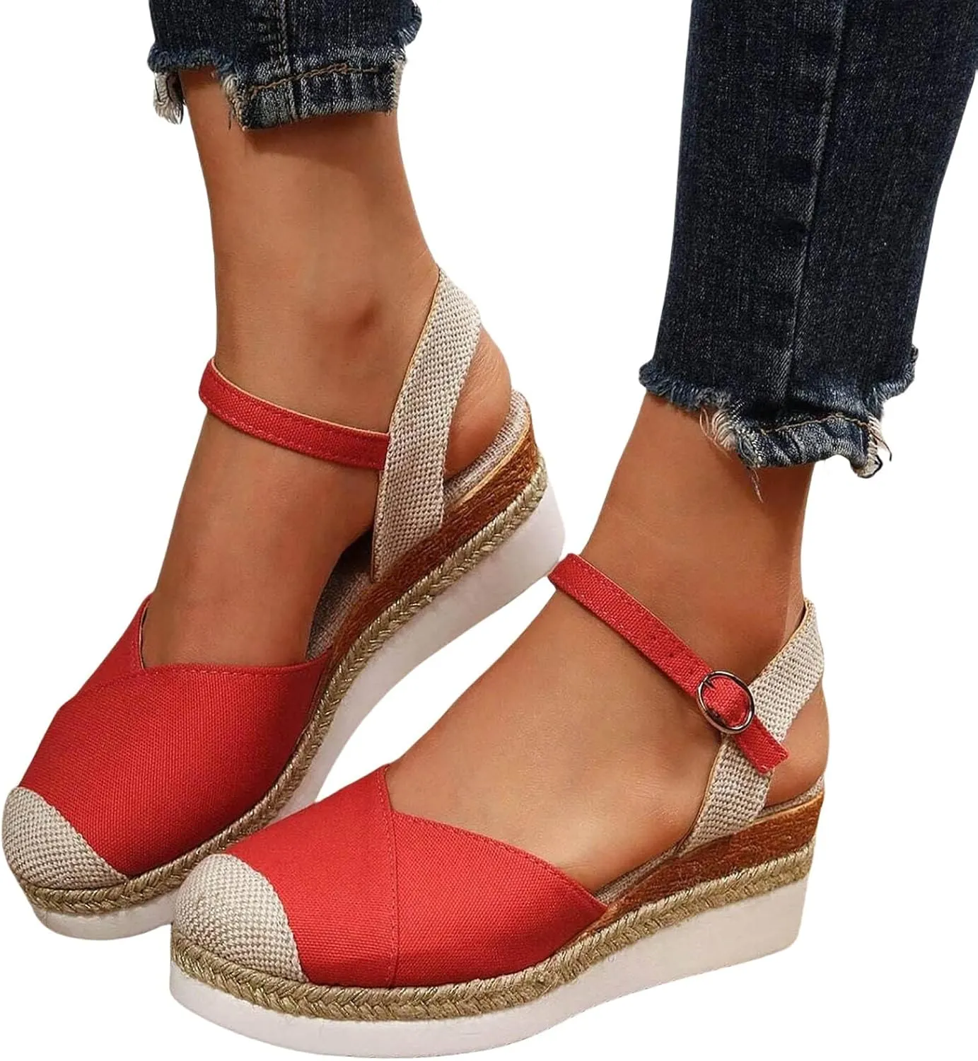 Womens Orthopedic Platform Wedge Sandals Espadrilles Comfortable Ankle Strap Adjustable Closed Toe Sandals Dressy Wedges Elegant Slip Shoes