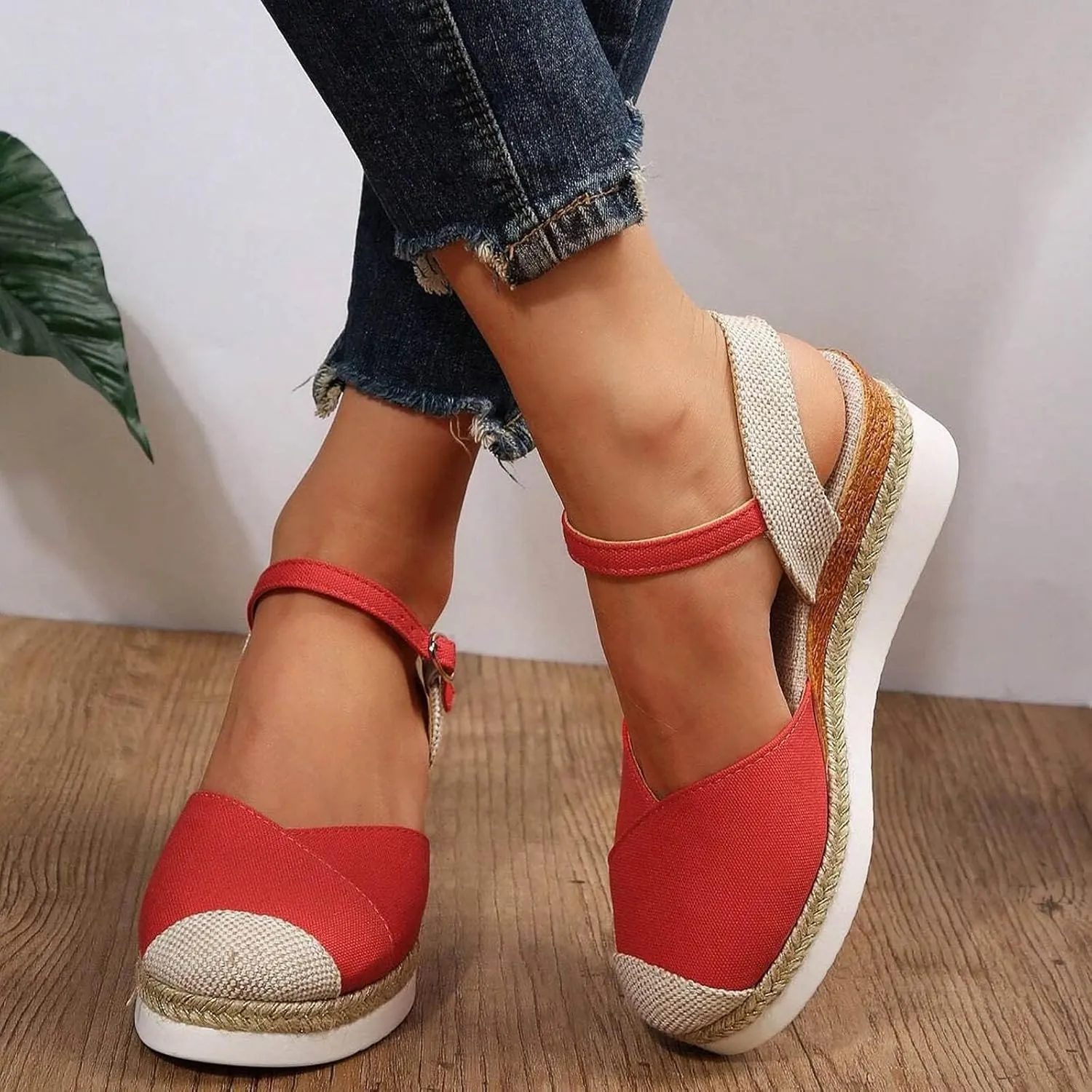 Womens Orthopedic Platform Wedge Sandals Espadrilles Comfortable Ankle Strap Adjustable Closed Toe Sandals Dressy Wedges Elegant Slip Shoes