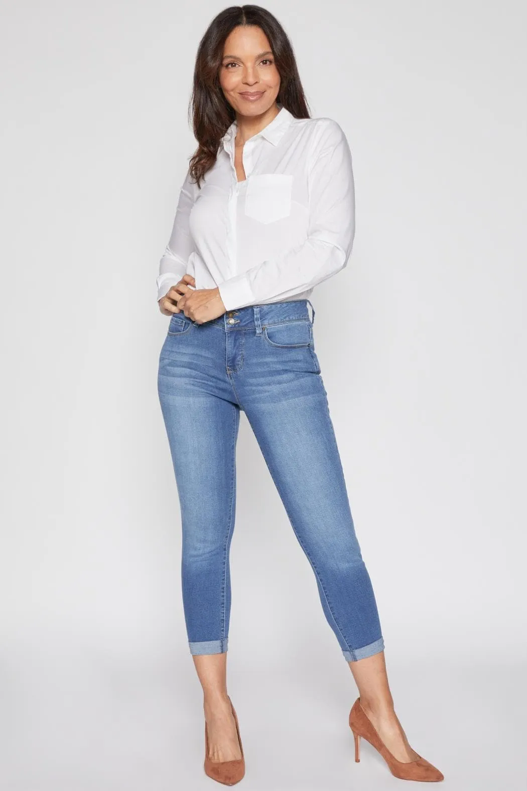 Women's Petite Tummy Control Rolled Cuff Ankle Jeans