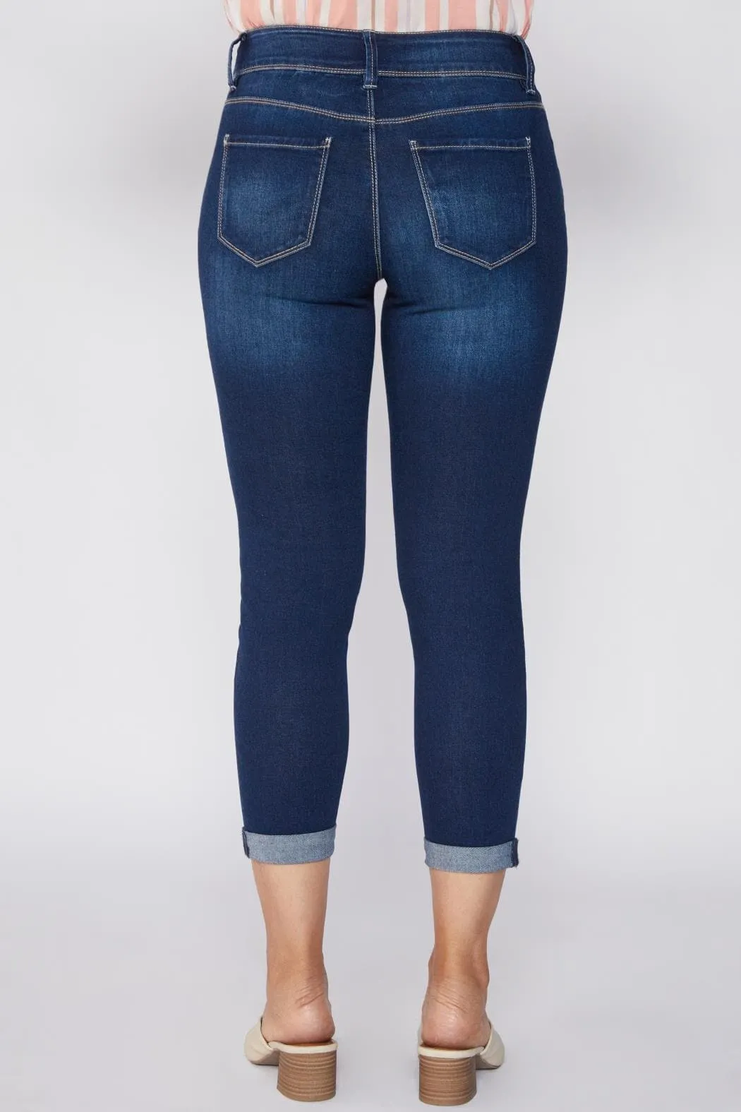 Women's Petite Tummy Control Rolled Cuff Ankle Jeans