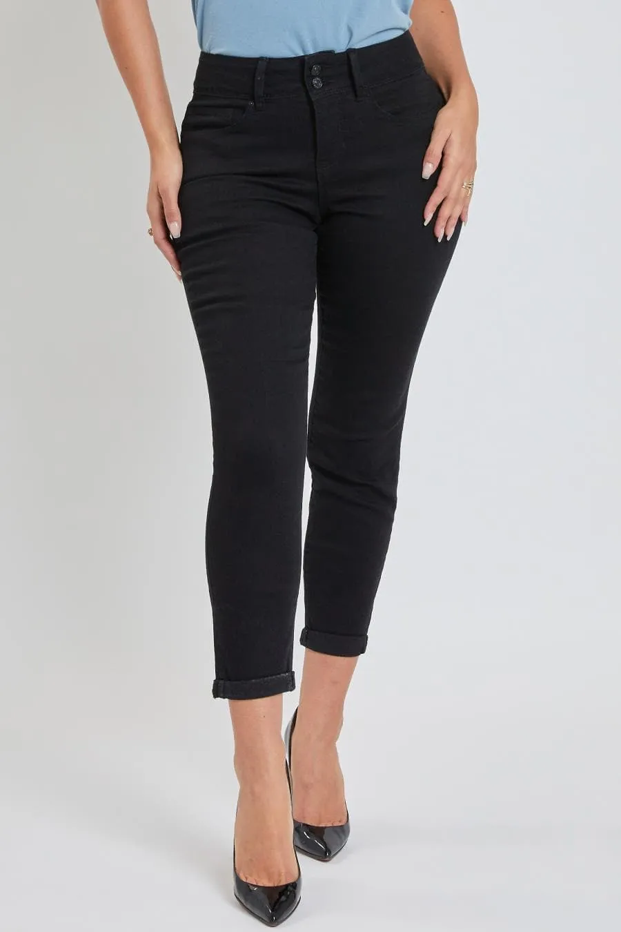 Women's Petite Tummy Control Rolled Cuff Ankle Jeans