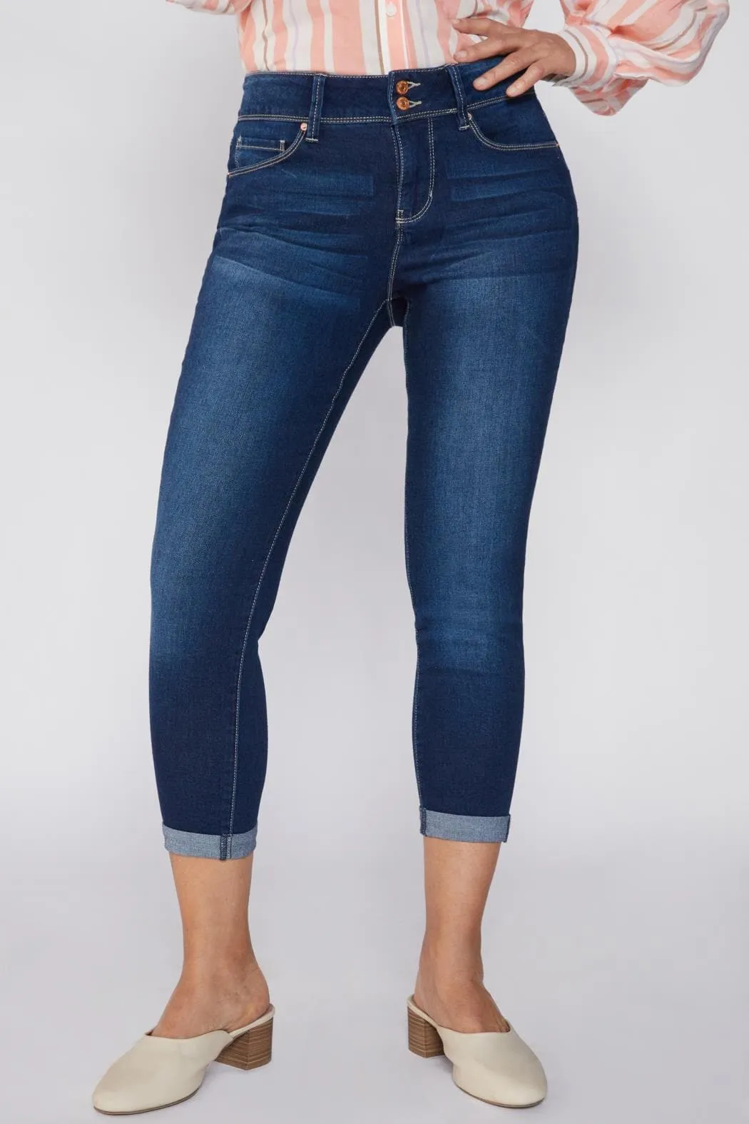 Women's Petite Tummy Control Rolled Cuff Ankle Jeans