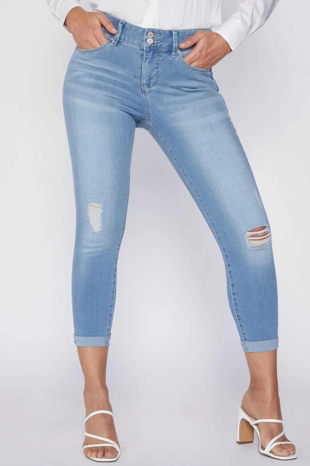 Women's Petite Tummy Control Rolled Cuff Ankle Jeans