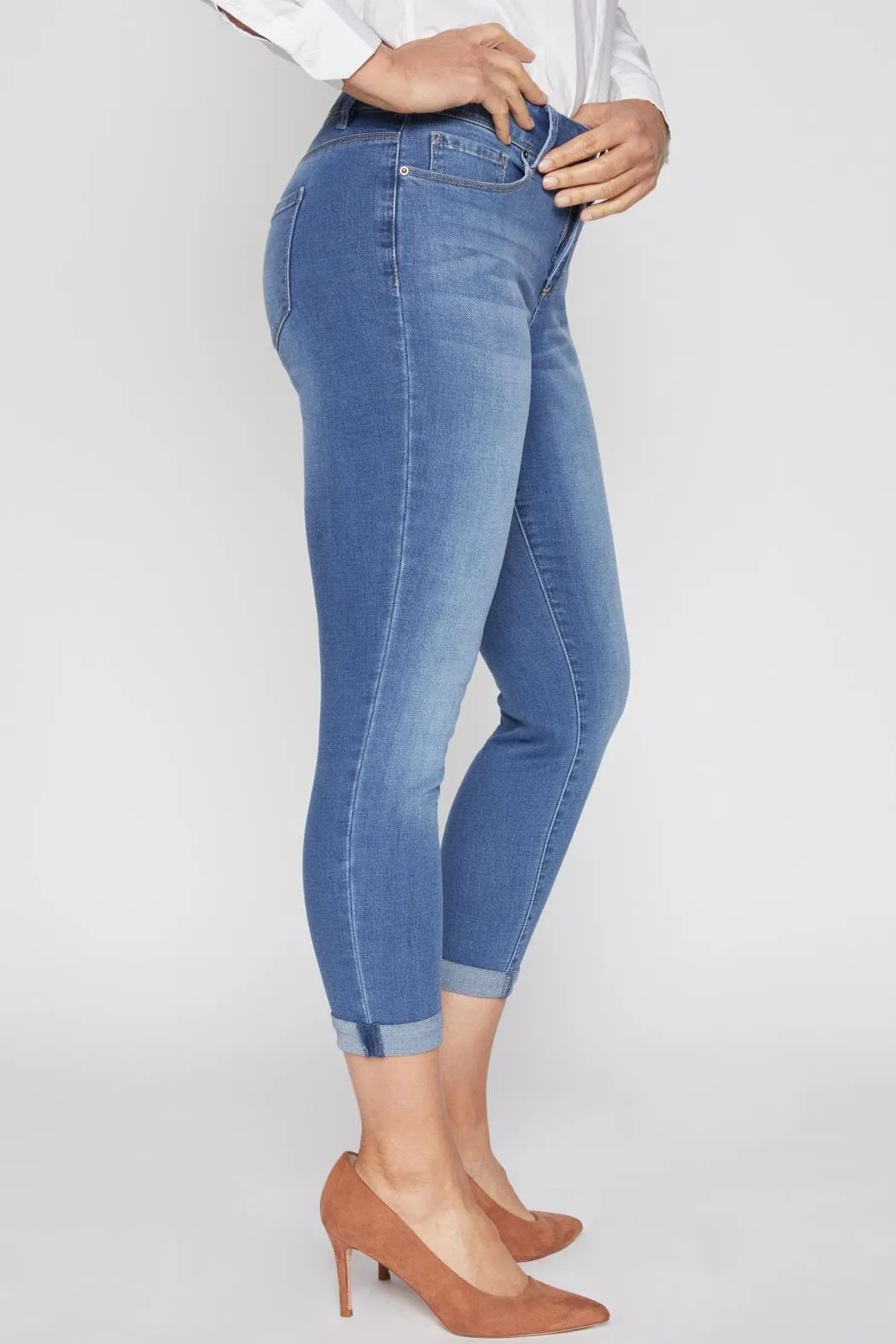 Women's Petite Tummy Control Rolled Cuff Ankle Jeans