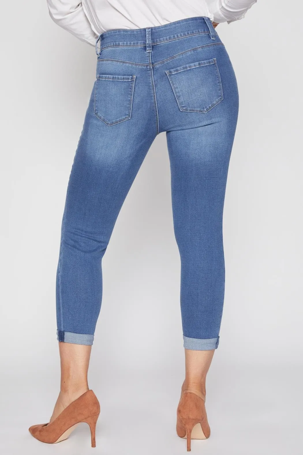 Women's Petite Tummy Control Rolled Cuff Ankle Jeans