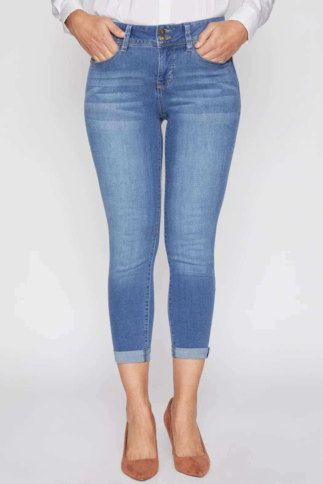 Women's Petite Tummy Control Rolled Cuff Ankle Jeans