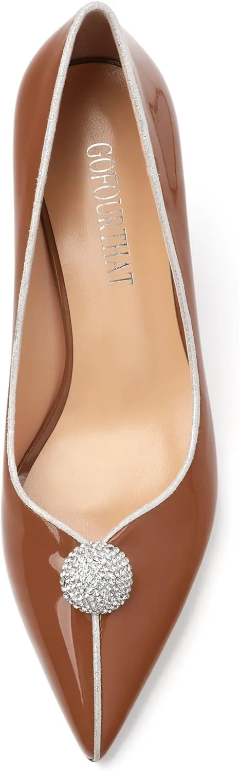 Women's Pointed Toe Heels for Women Stiletto Kitten Heel Slip-on Patent Pumps Elegant Dress Party Wedding Rhinestones Shoes 2.5 inch