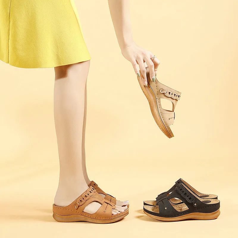Women's retro wedge slippers summer open toe non-slip slides