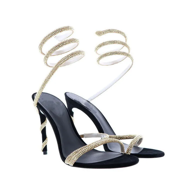 Women's rhinestone ankle wrap strappy stiletto heels sandals Sexy for party prom