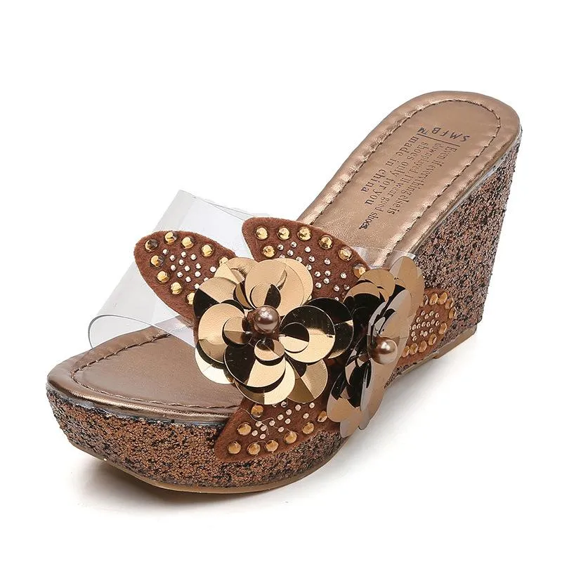 Women's rhinestone flower décor wedge slides
