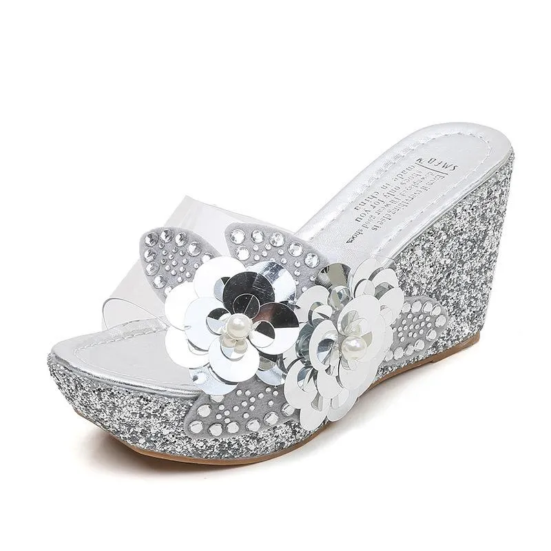 Women's rhinestone flower décor wedge slides