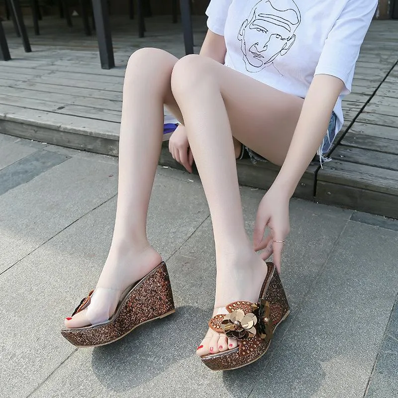 Women's rhinestone flower décor wedge slides
