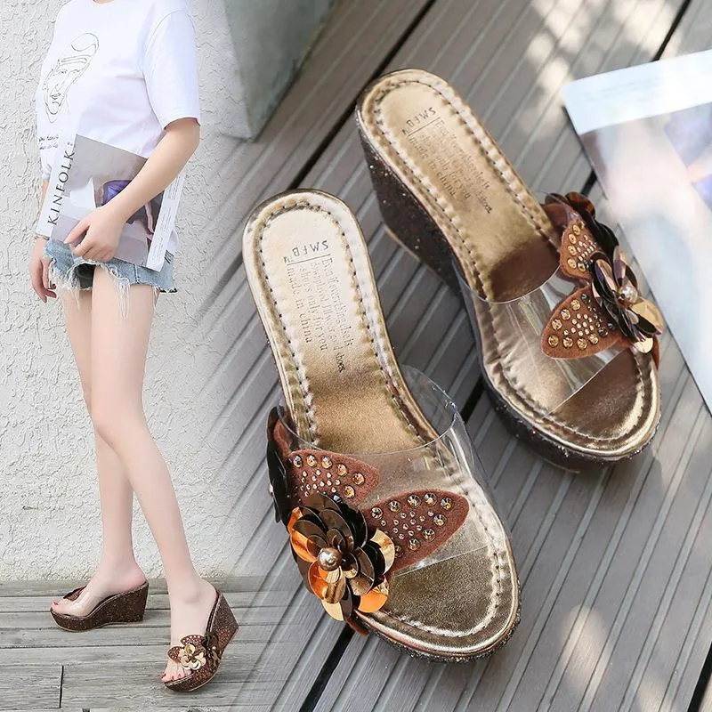 Women's rhinestone flower décor wedge slides