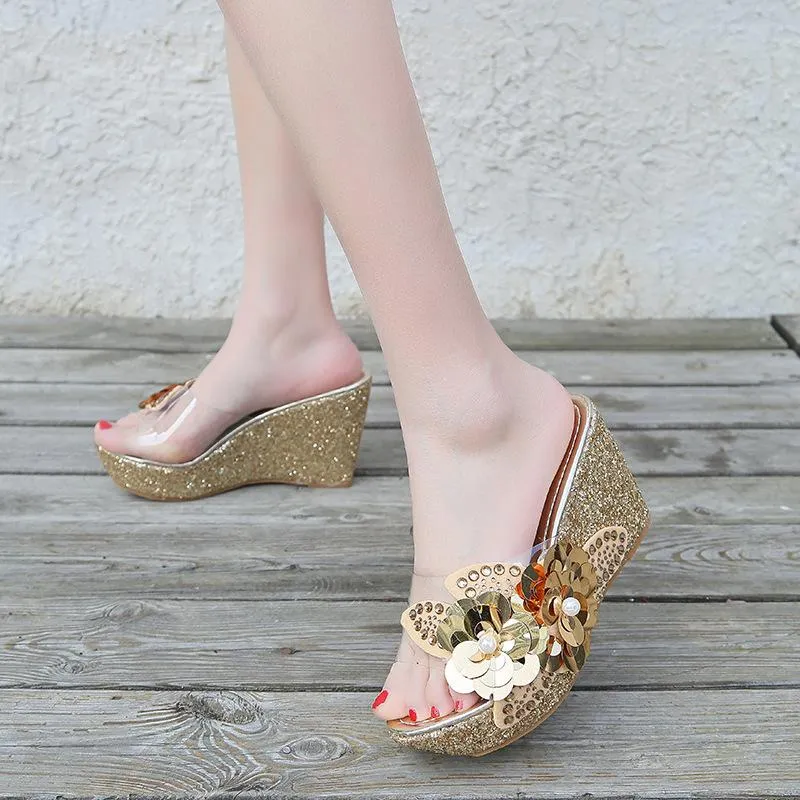 Women's rhinestone flower décor wedge slides