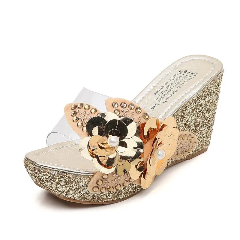 Women's rhinestone flower décor wedge slides