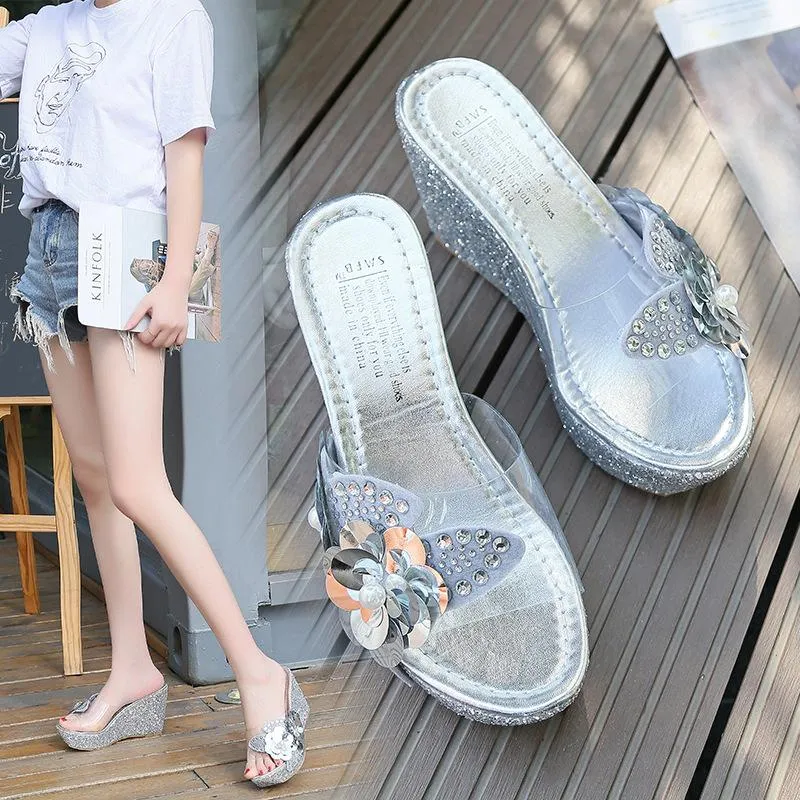 Women's rhinestone flower décor wedge slides