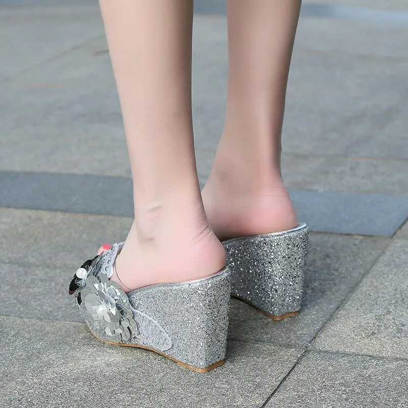 Women's rhinestone flower décor wedge slides