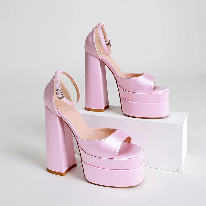 Women's silky square peep toe chunky platform high heels summer party ankle buckle strap chunky high heels
