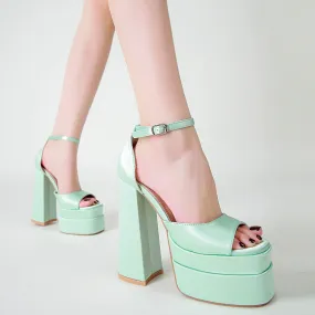 Women's silky square peep toe chunky platform high heels summer party ankle buckle strap chunky high heels