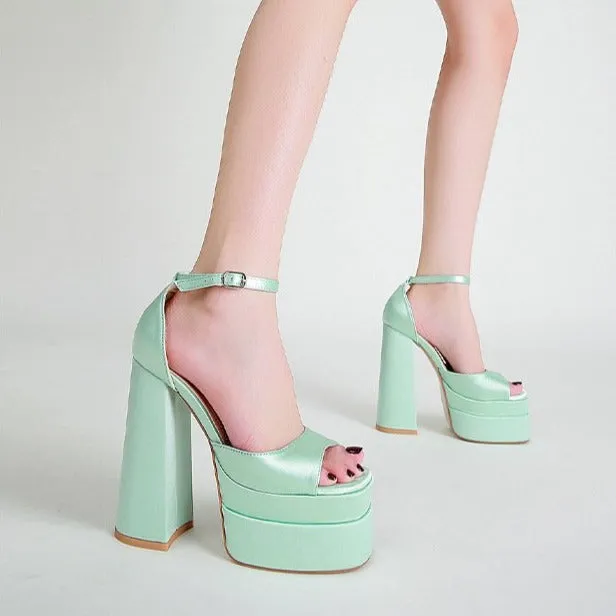 Women's silky square peep toe chunky platform high heels summer party ankle buckle strap chunky high heels