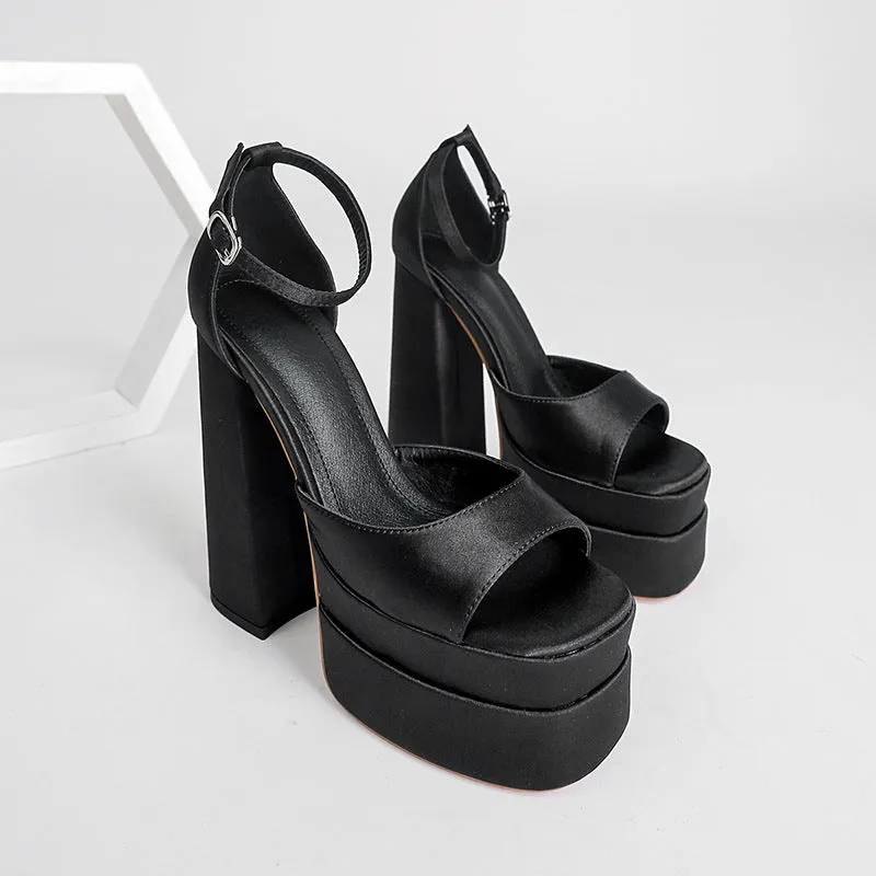 Women's silky square peep toe chunky platform high heels summer party ankle buckle strap chunky high heels