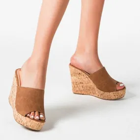 Women's summer slip on peep toe wedge mules